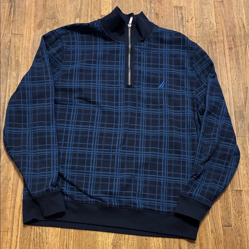 Nautica Blue Windowpane Plaid Quarter Zip Sweater XL